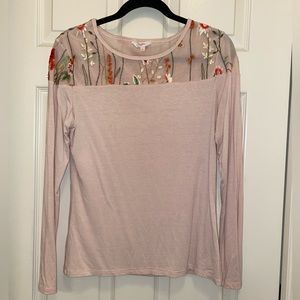 Candie’s Light Pink Floral Embroidered Mesh Shoulders Long Sleeve Top